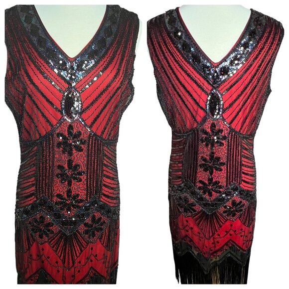 Vintage-Inspired Red & Black Beaded Flapper Dress Fringe Size XL 1920s Gatsby - Picture 1 of 16